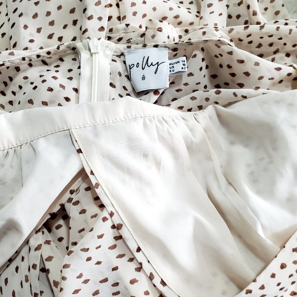 Polly Cream Polka Dot Wrap Romper Dress Sz US 10 Boho Ruffle Mini Tie Waist - Picture 7 of 11